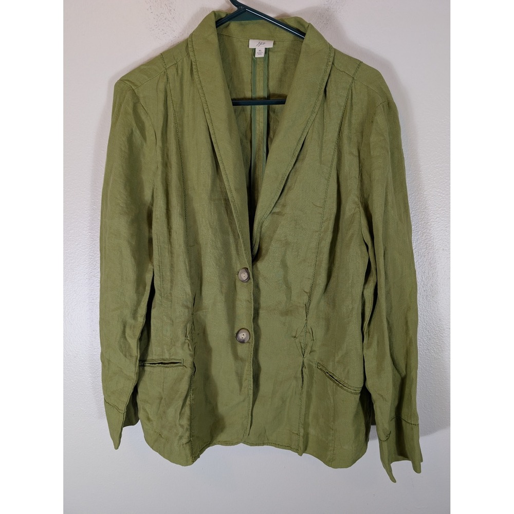 J. Jill Womens XL Olive Green 100% Linen Two Button Shawl Collar Blazer Jacket